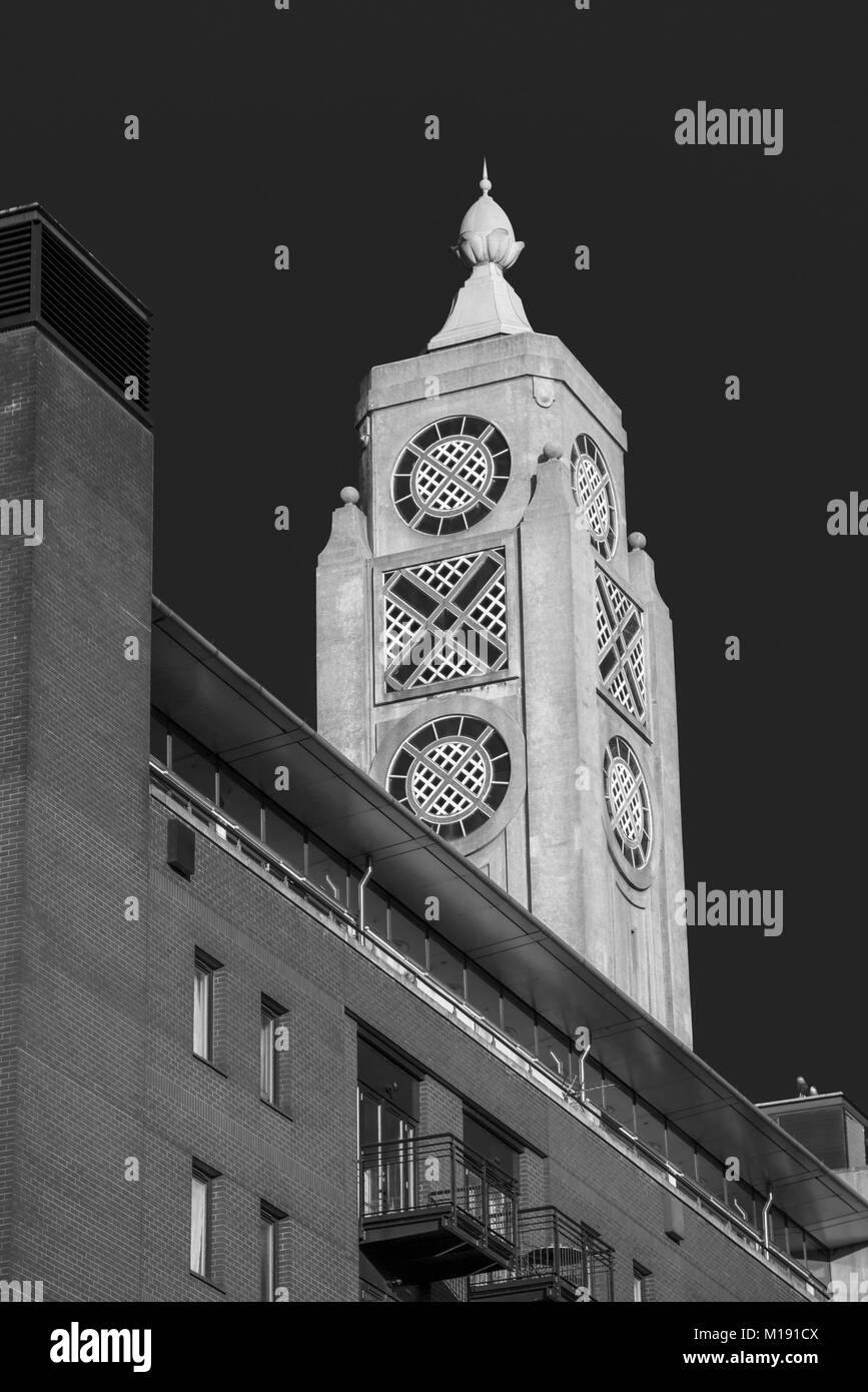 The iconic art deco OXO Tower on the south bank cultural area of the River Thames Embankment, London Borough of Southwark, SE1: black and white / mono Stock Photo