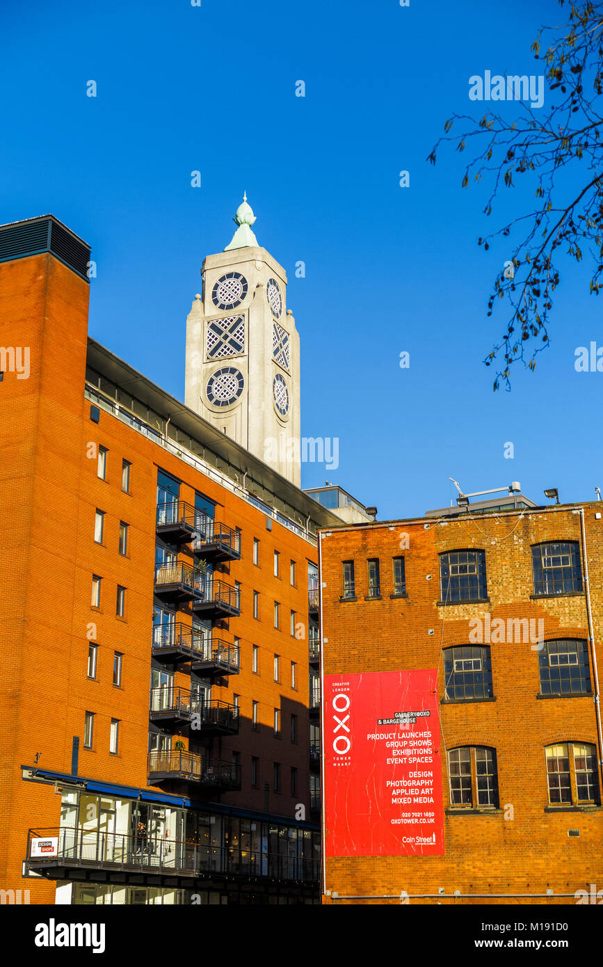 Urban regeneration: the iconic OXO Tower and Wharf on the south bank cultural area of the River Thames Embankment, London Borough of Southwark, SE1 Stock Photo
