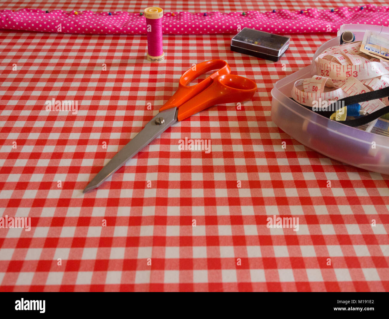Fabric And Sewing Kit Stock Photo Alamy