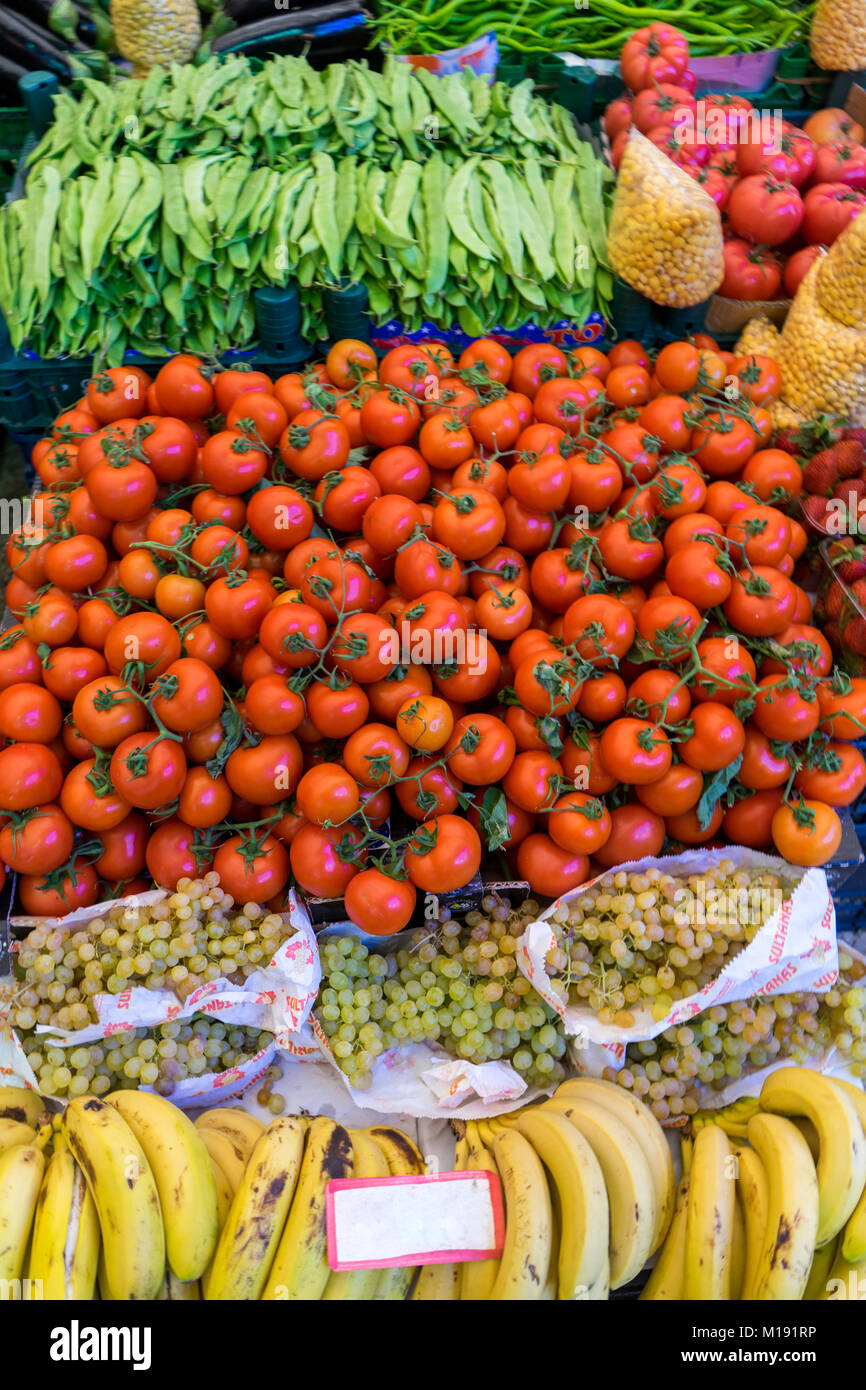 Vegetables and fruits in traditional Turkish grocery bazaar Stock Photo