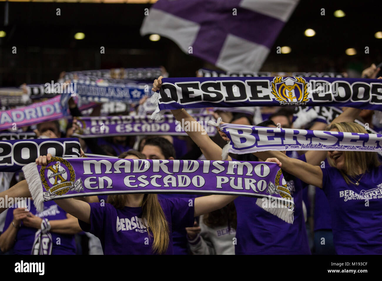 Real Madrid supporters (berserkers) during Real Madrid victory over RetaBet Bilbao Basket (95 - 65) in Liga Endesa regular season game (day 18) celebrated in Madrid at Wizink Center. January 28th 2018. (Photo by Juan Carlos García Mate / Pacific Press) Stock Photo