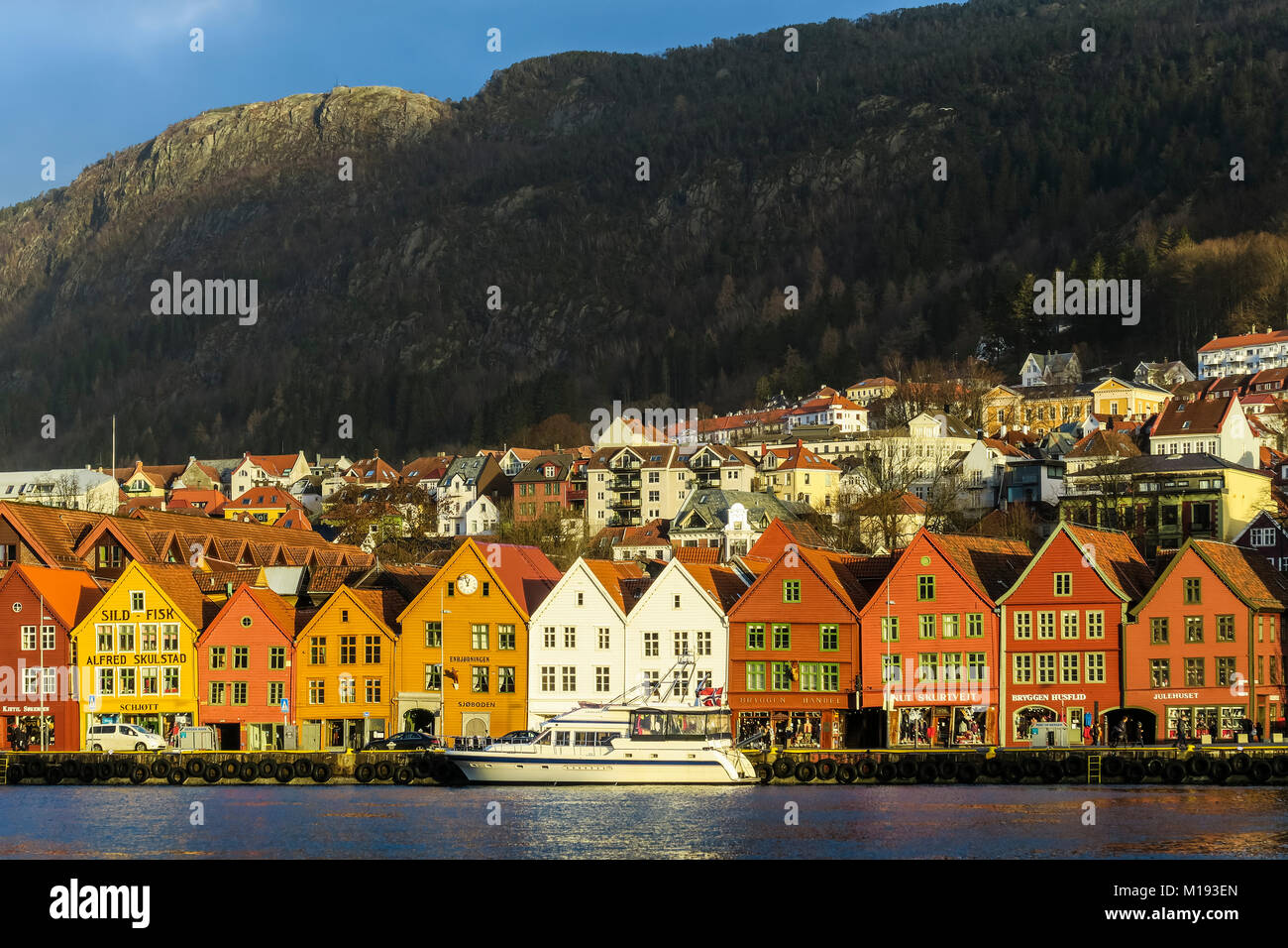 Historic Hanseatic wooden waterfront commercial buildings of the World Heritage listed Bryggen (the dock) on Vagen Harbour. Bergen, Hordaland, Norway Stock Photo
