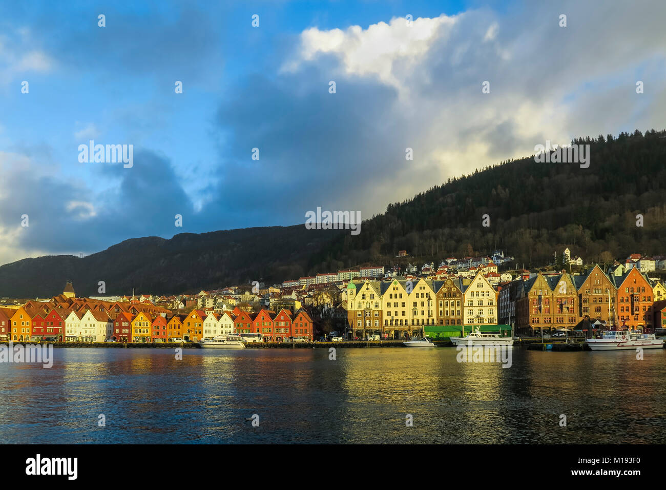 Historic Hanseatic wooden waterfront commercial buildings of the World Heritage listed Bryggen (the dock) on Vagen Harbour. Bergen, Hordaland, Norway Stock Photo