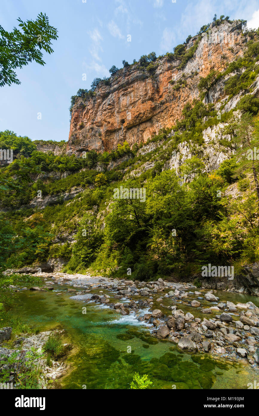 Limestone walls in the narrow Anisclo Canyon, Rio Bellos river, Ordesa
