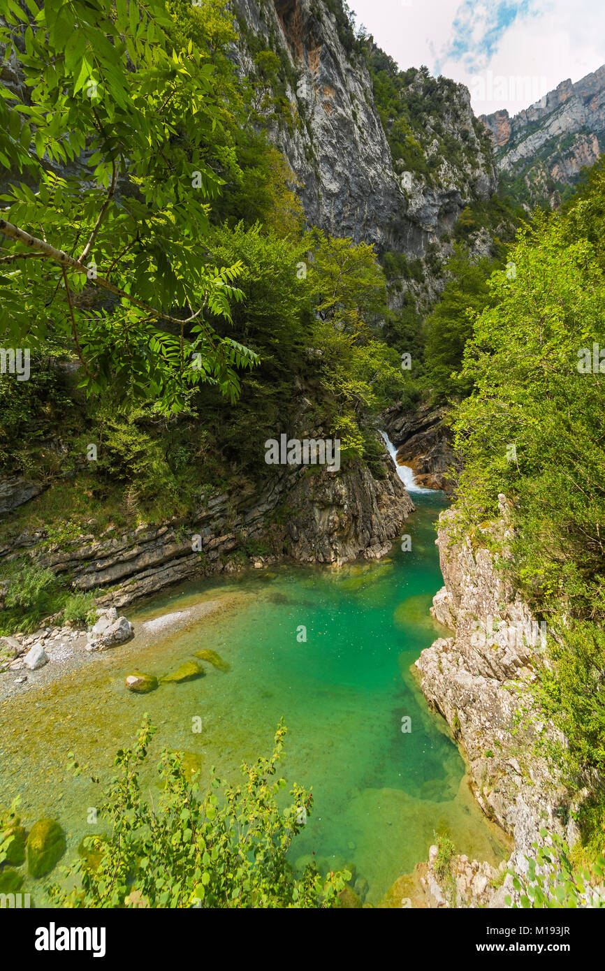 Limestone walls in the narrow Anisclo Canyon, Rio Bellos river, Ordesa