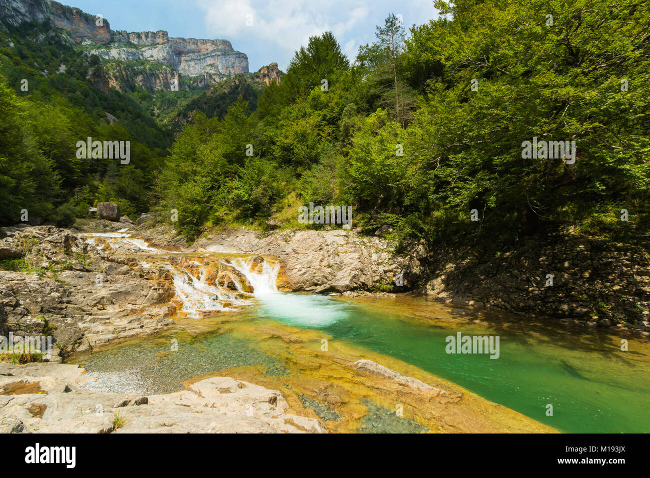Waterfall on Rio Bellos river in the limestone Anisclo Canyon, Ordesa National Park; Anisclo; Pyrenees; Huesca; Aragon; Spain Stock Photo