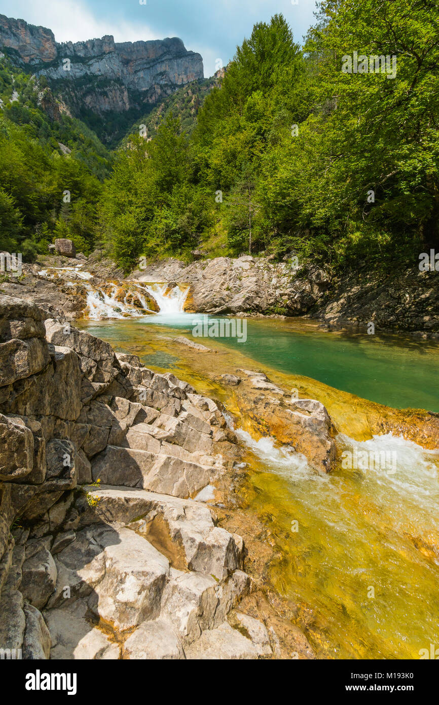 Waterfall on Rio Bellos river in the limestone Anisclo Canyon, Ordesa National Park; Anisclo; Pyrenees; Huesca; Aragon; Spain Stock Photo