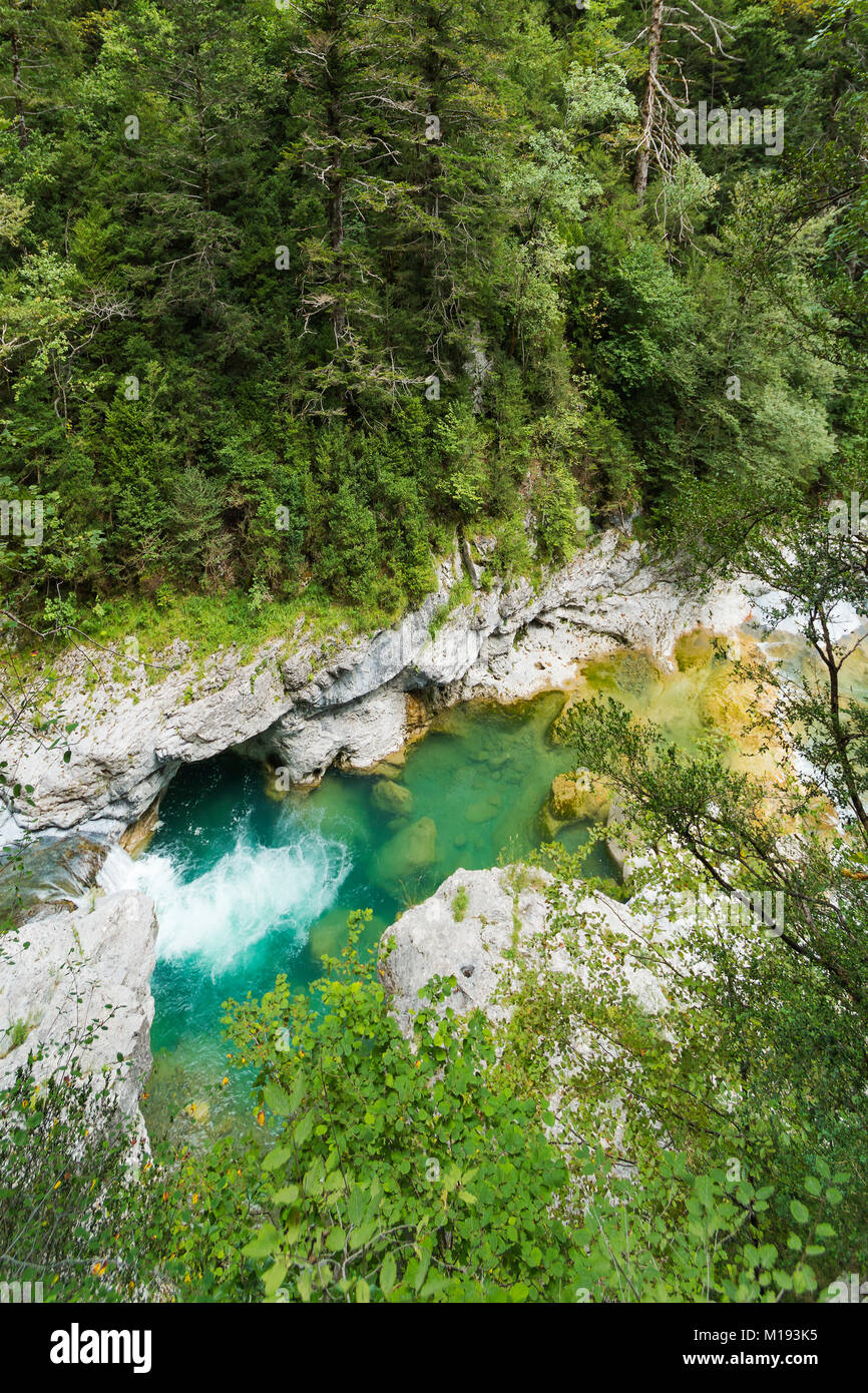 Waterfall on the Rio Bellos river in the limestone Anisclo Canyon, Ordesa National Park; Anisclo; Pyrenees; Huesca; Aragon; Spain Stock Photo