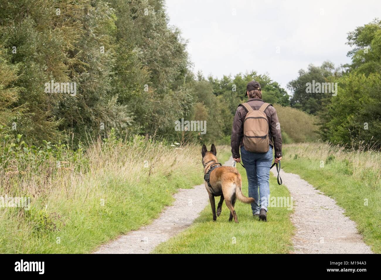 woman and her dog looking for houses. the discovery of abandoned buildings. post apocalypse. Stock Photo