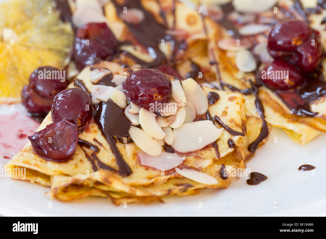 fruit and chocolate pancakes closeup Stock Photo