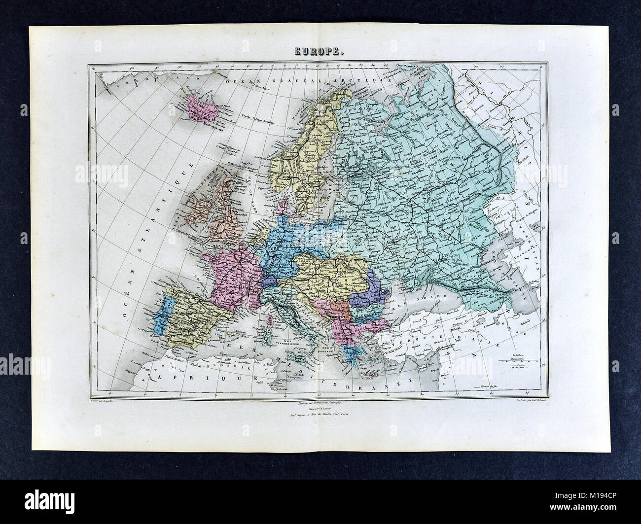 1877 Migeon Map - Europe - France Germany Italy Spain Russia Austria Portugal Britain Holland Belgium Switzerland Stock Photo