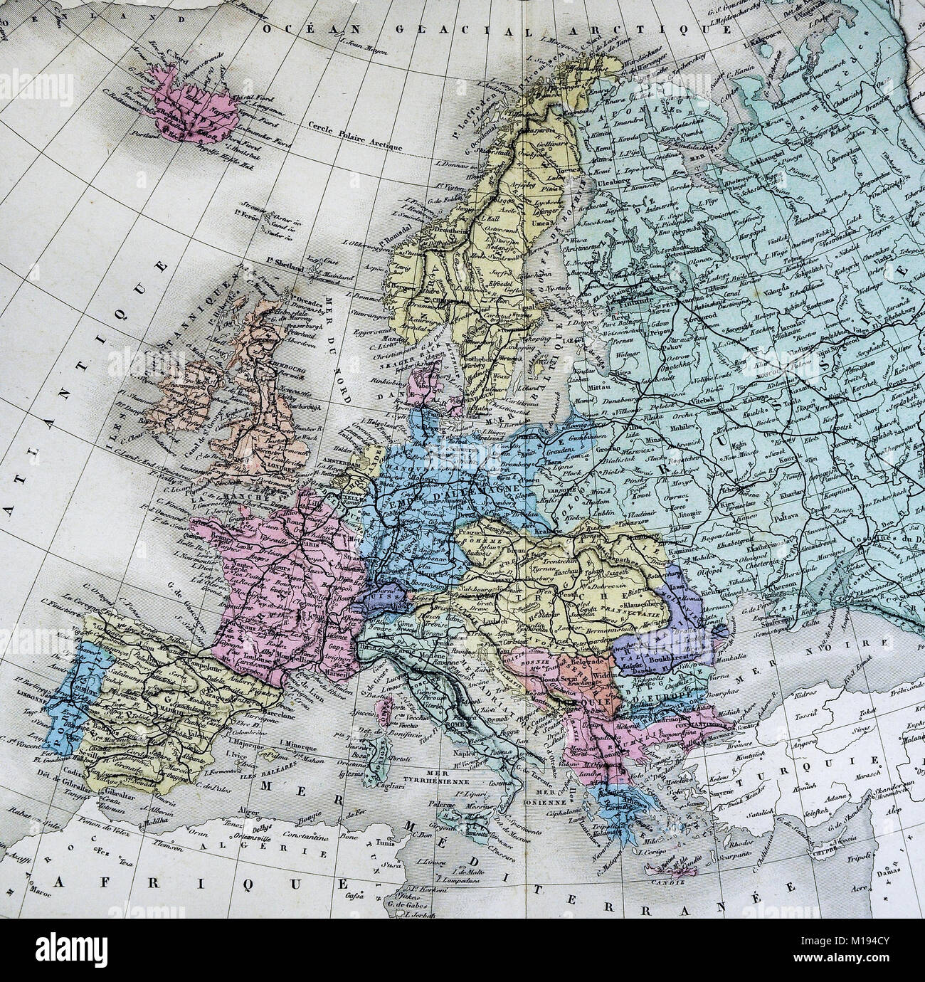 1877 Migeon Map - Europe - France Germany Italy Spain Russia Austria Portugal Britain Holland Belgium Switzerland Stock Photo