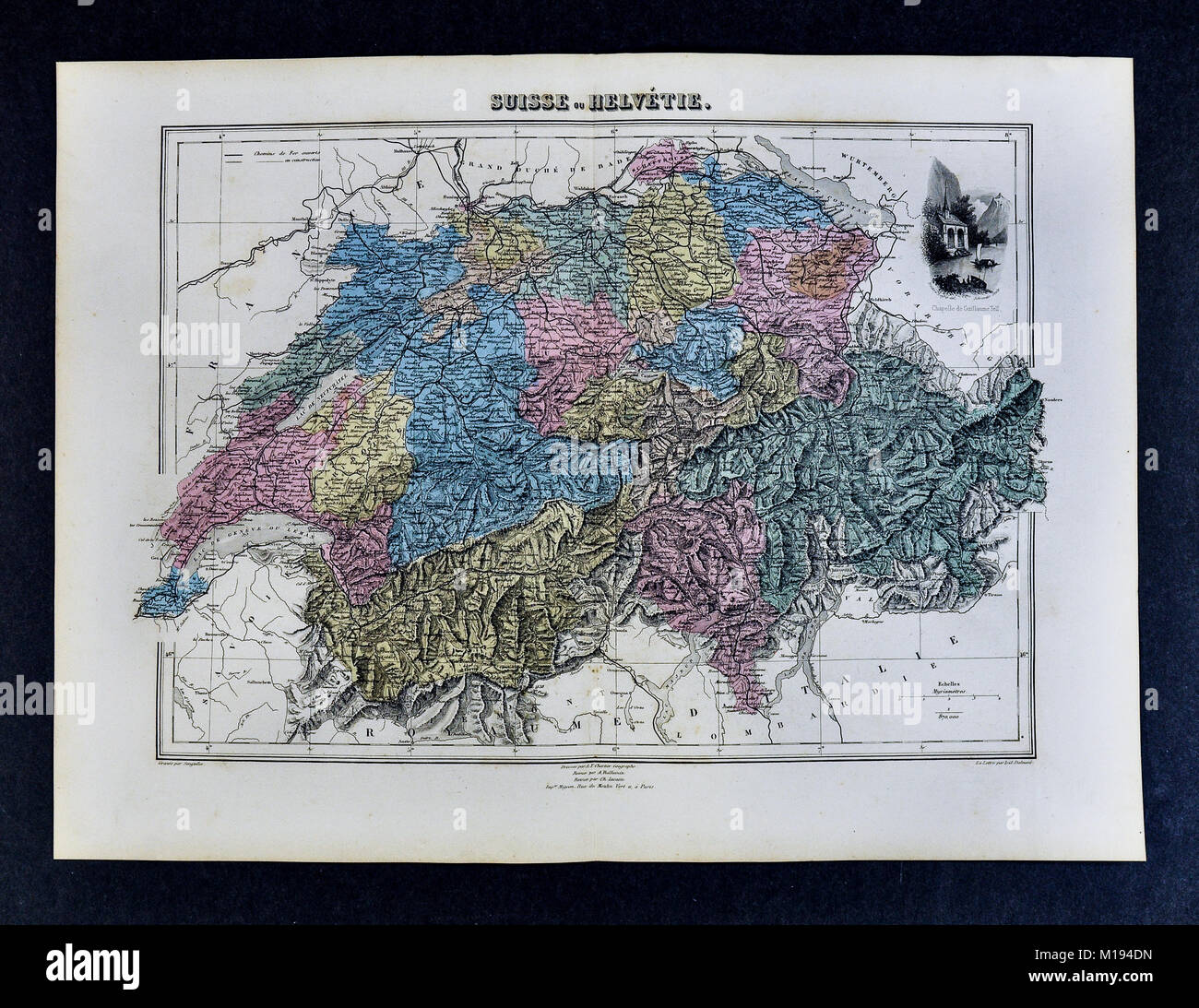 1877 Migeon Map - Switzerland - Geneva Lucerne Zurich Swiss Alps Stock Photo