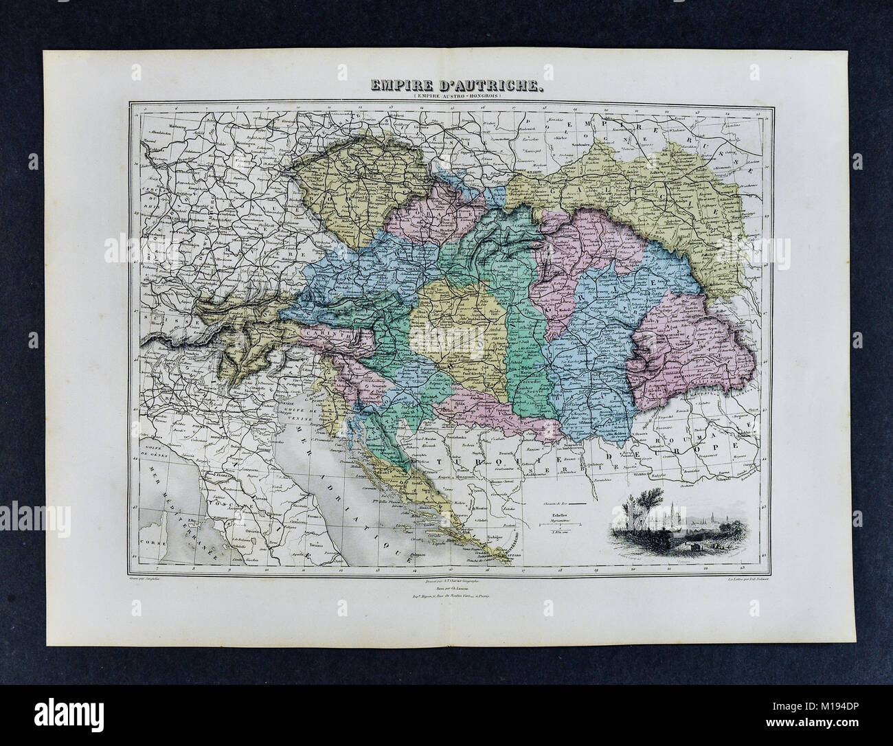 1877 Migeon Map - Austria Hungary Empire - Vienna Budapest Europe Stock Photo