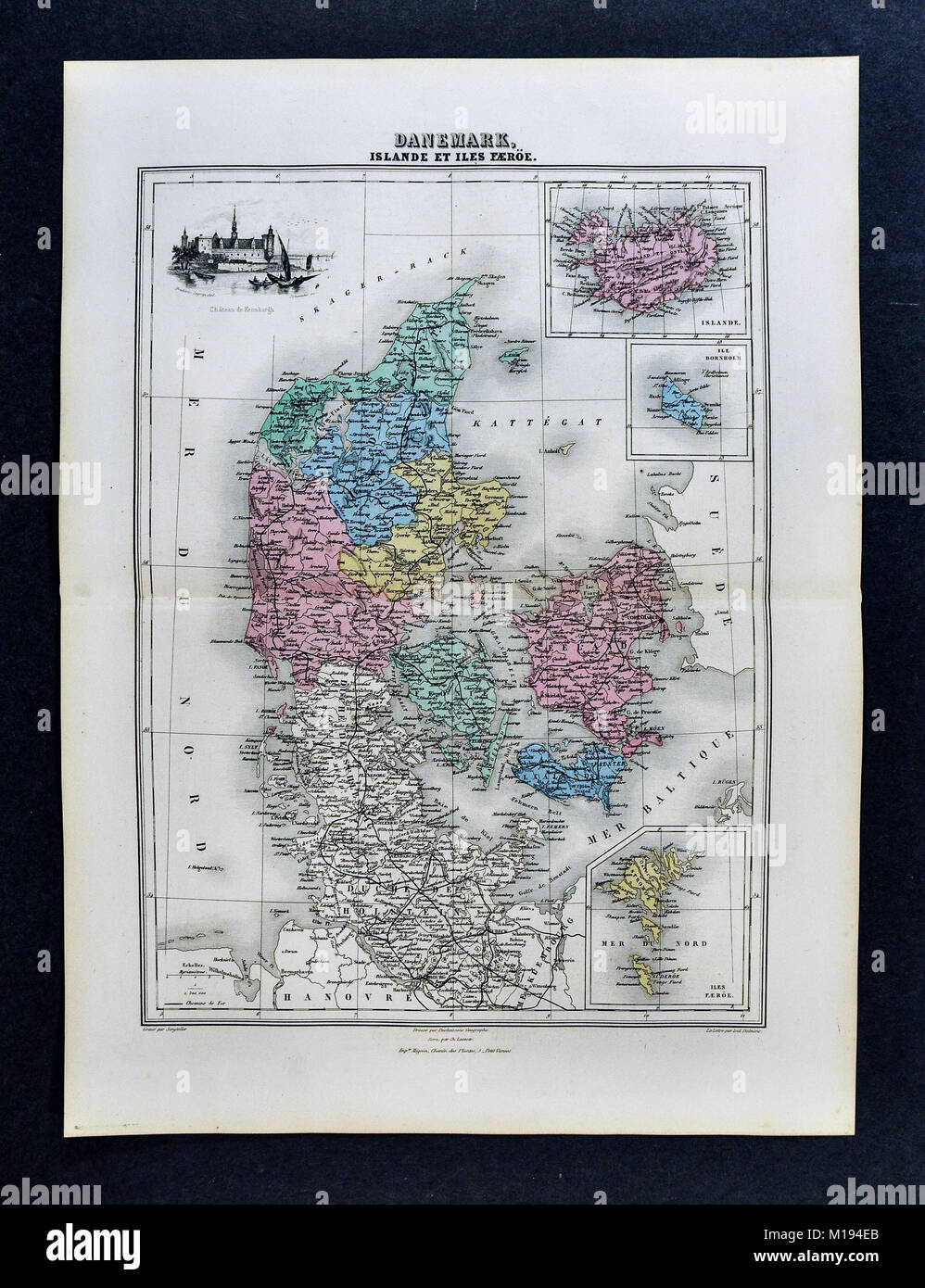 1877 Migeon Map - Denmark - Iceland Copenhagen Jutland Europe Stock Photo