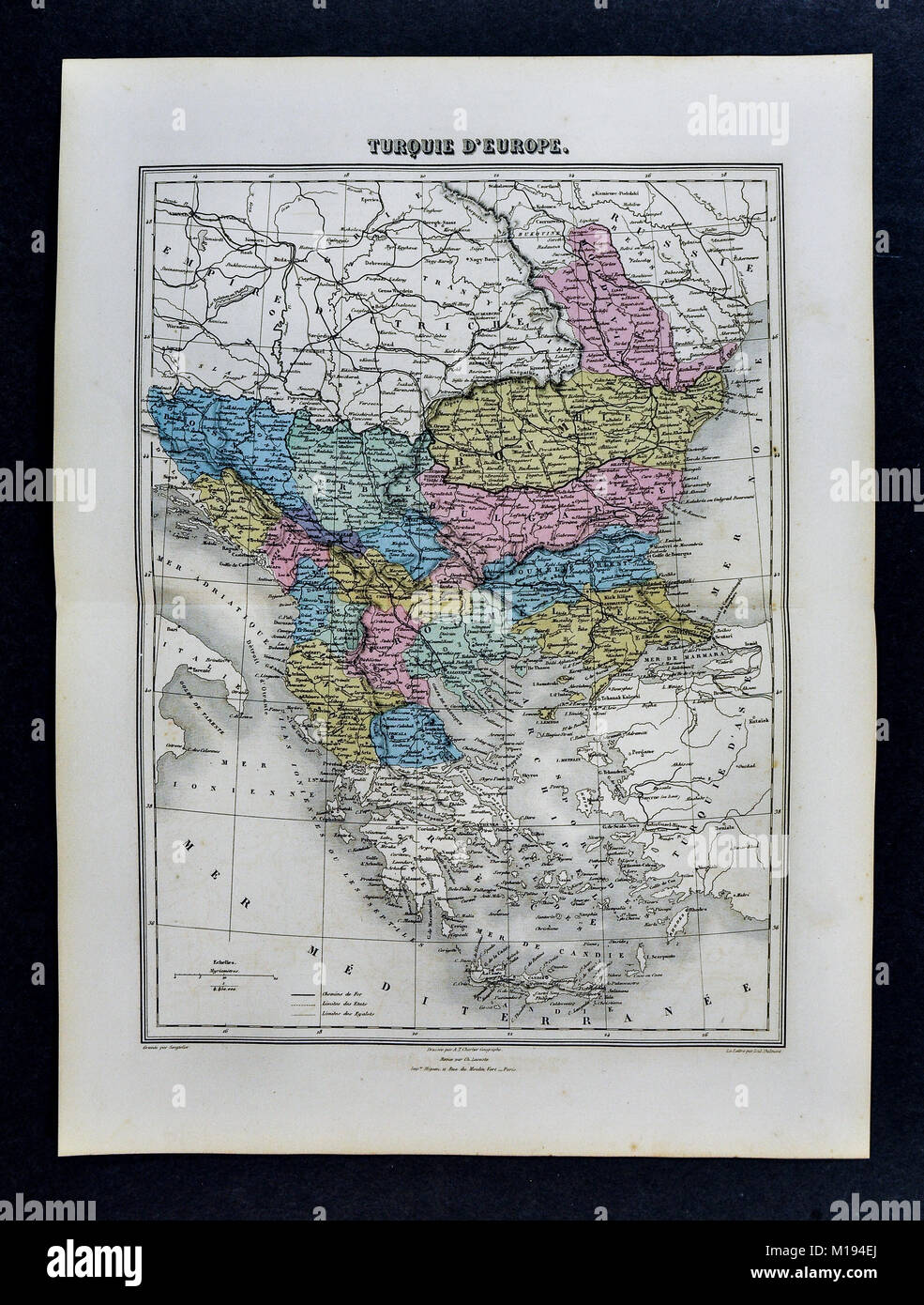1877 Migeon Map - Trukey in Europe - Balkans Bulgaria Romania Transylvania Serbia Macedonia Stock Photo