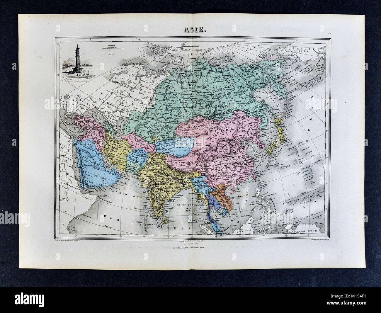 1877 Migeon Map - Asia - China Japan India Arabia Mongolia Siberia Tibet Nepal Stock Photo