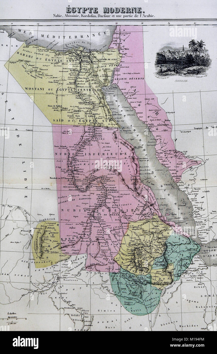 1877 Migeon Map - Egypt - Cairo Alexandria Nubia Red Sea Nile River North Africa Stock Photo