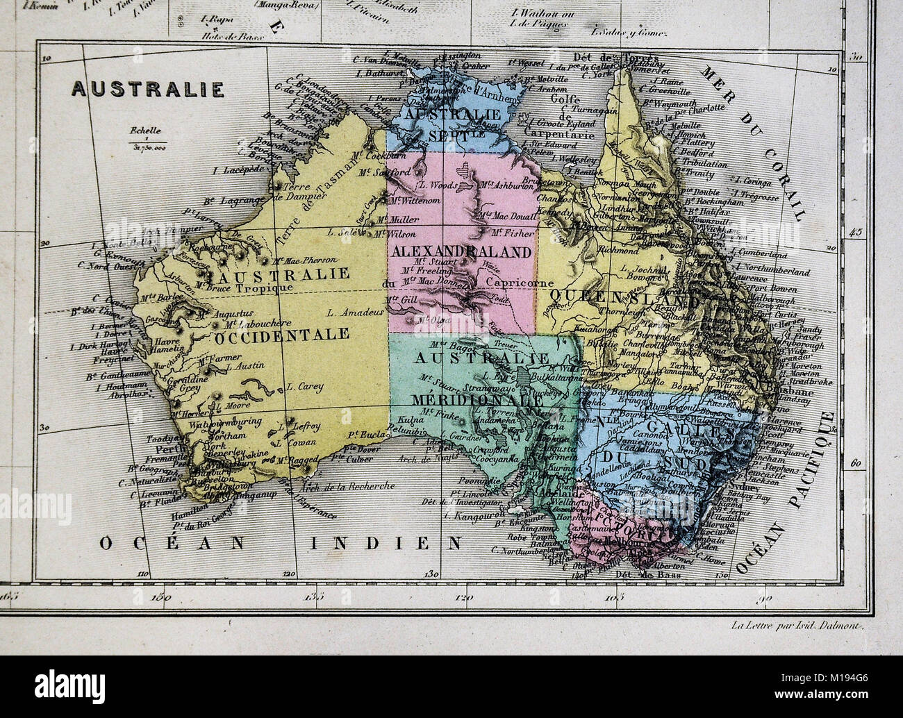 1877 Migeon Map - Australia -Sydney Melbourne Brisbane Perth Adelaide Stock Photo