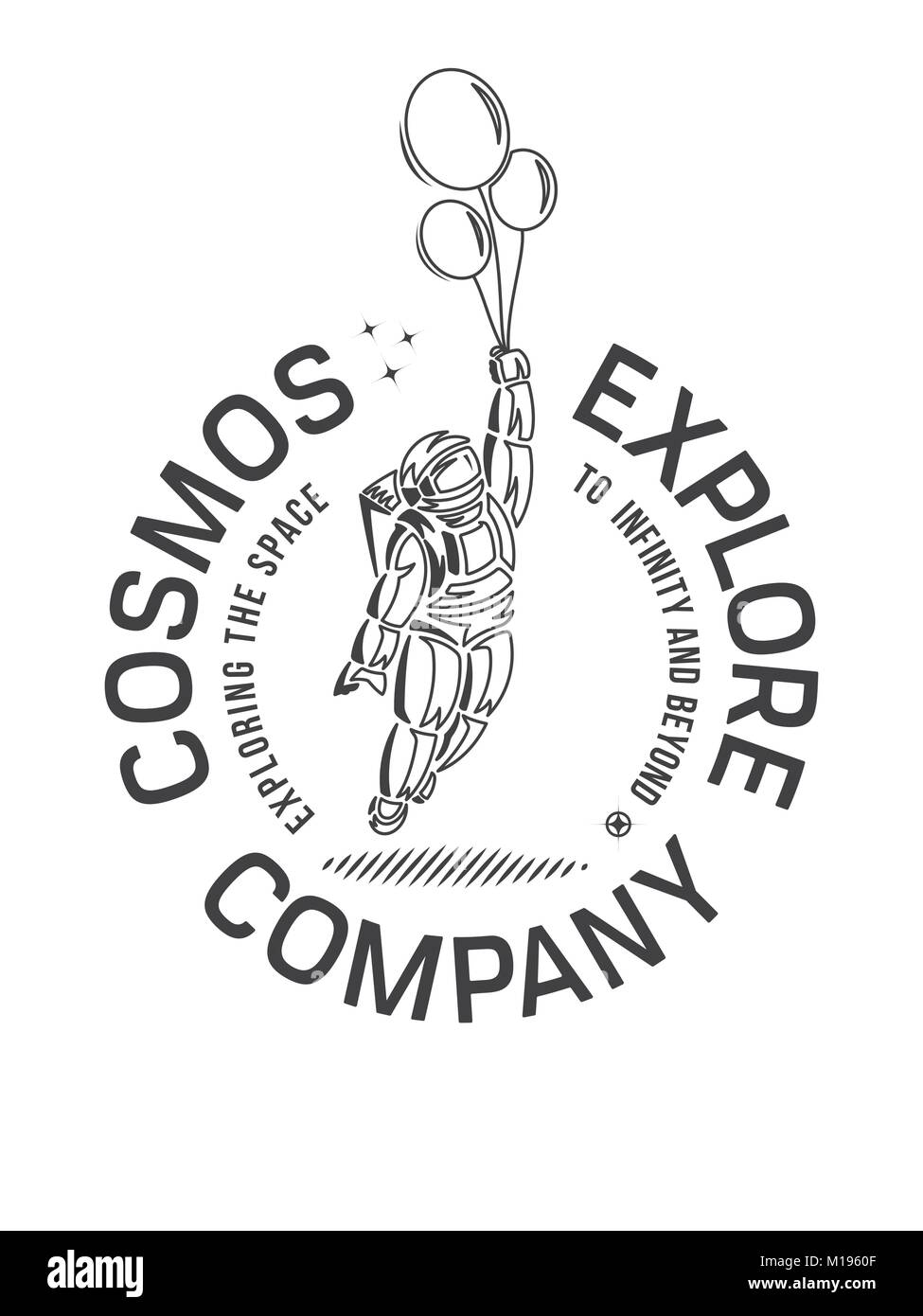 Space cosmos exploration company vector illustration black on white depicting a spaceman with balloons Stock Vector
