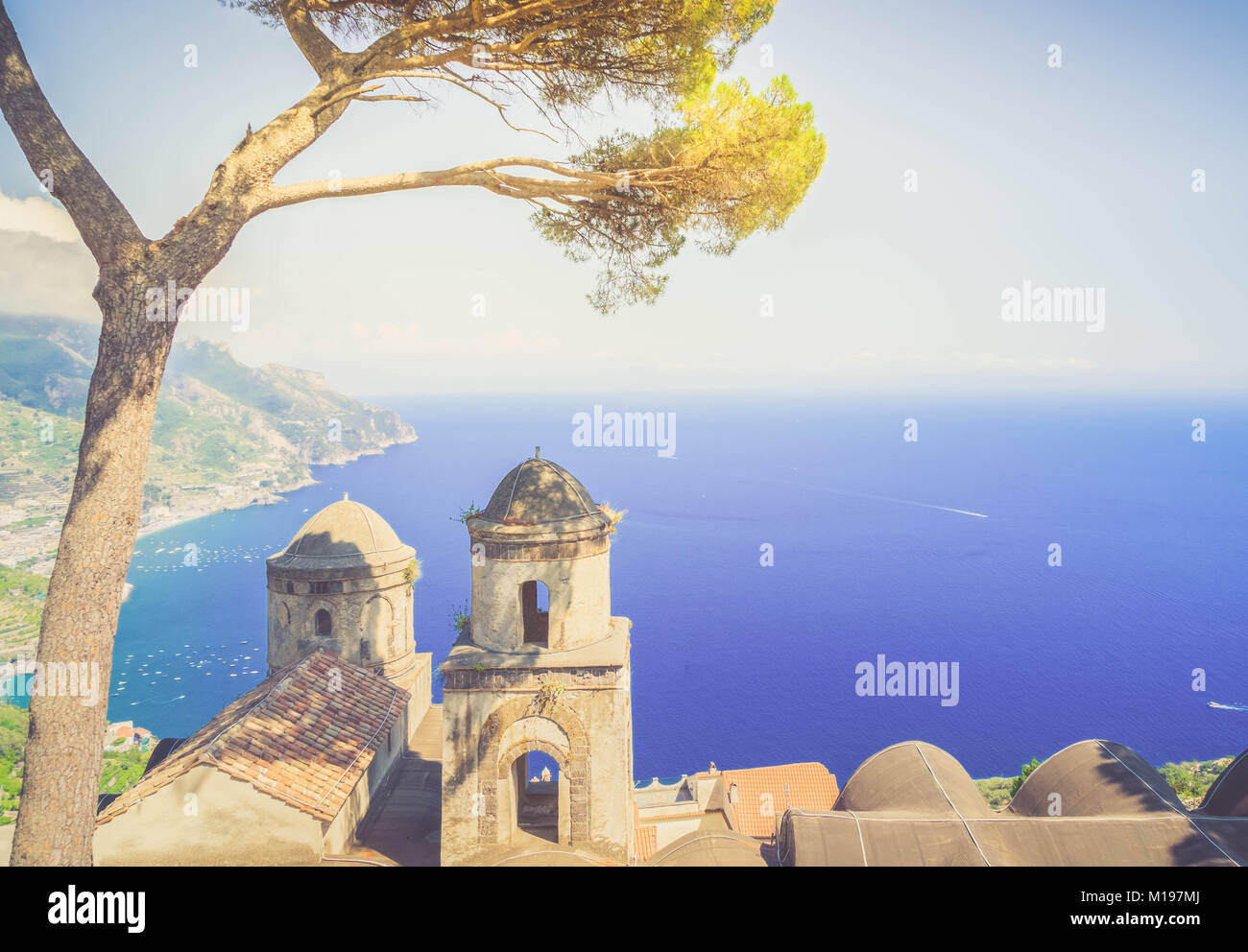Church belltowers in Ravello village, Amalfi coast of Italy, retro toned Stock Photo