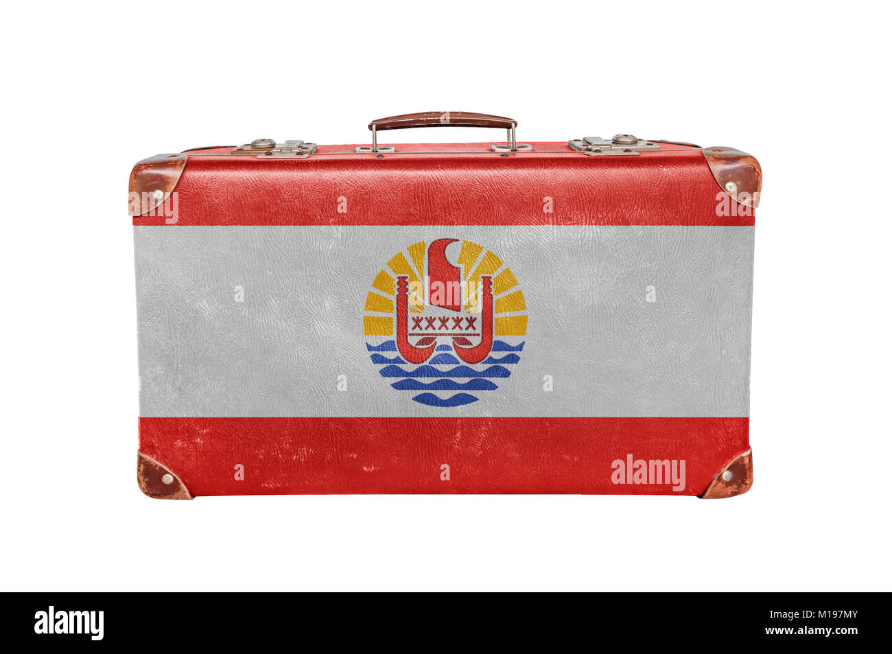 Vintage suitcase with French Polynesia flag isolated on white background Stock Photo