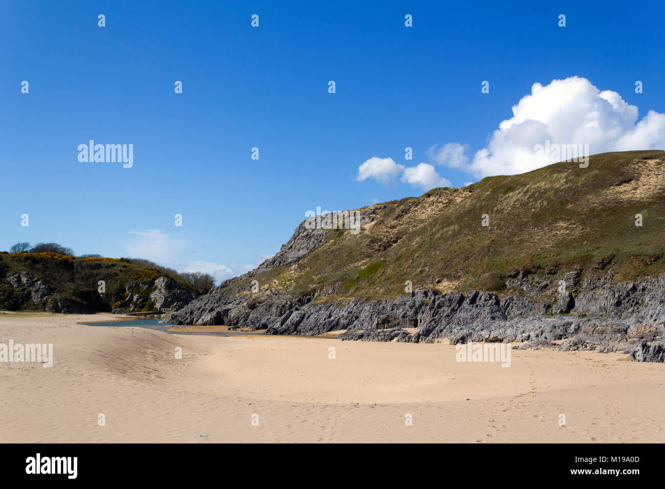 Looking back on Broad Haven South beach towards Bosherston Lily Ponds spring sunshine, Pembrokeshire, Wales, UK Stock Photo