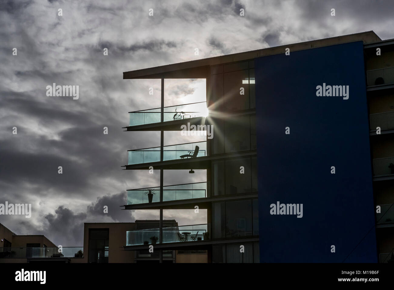 Caledonian Road apartments silhouetted against a winter sky, Bristol