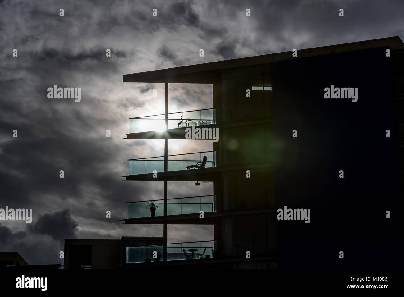 Caledonian Road apartments silhouetted against a winter sky, Bristol