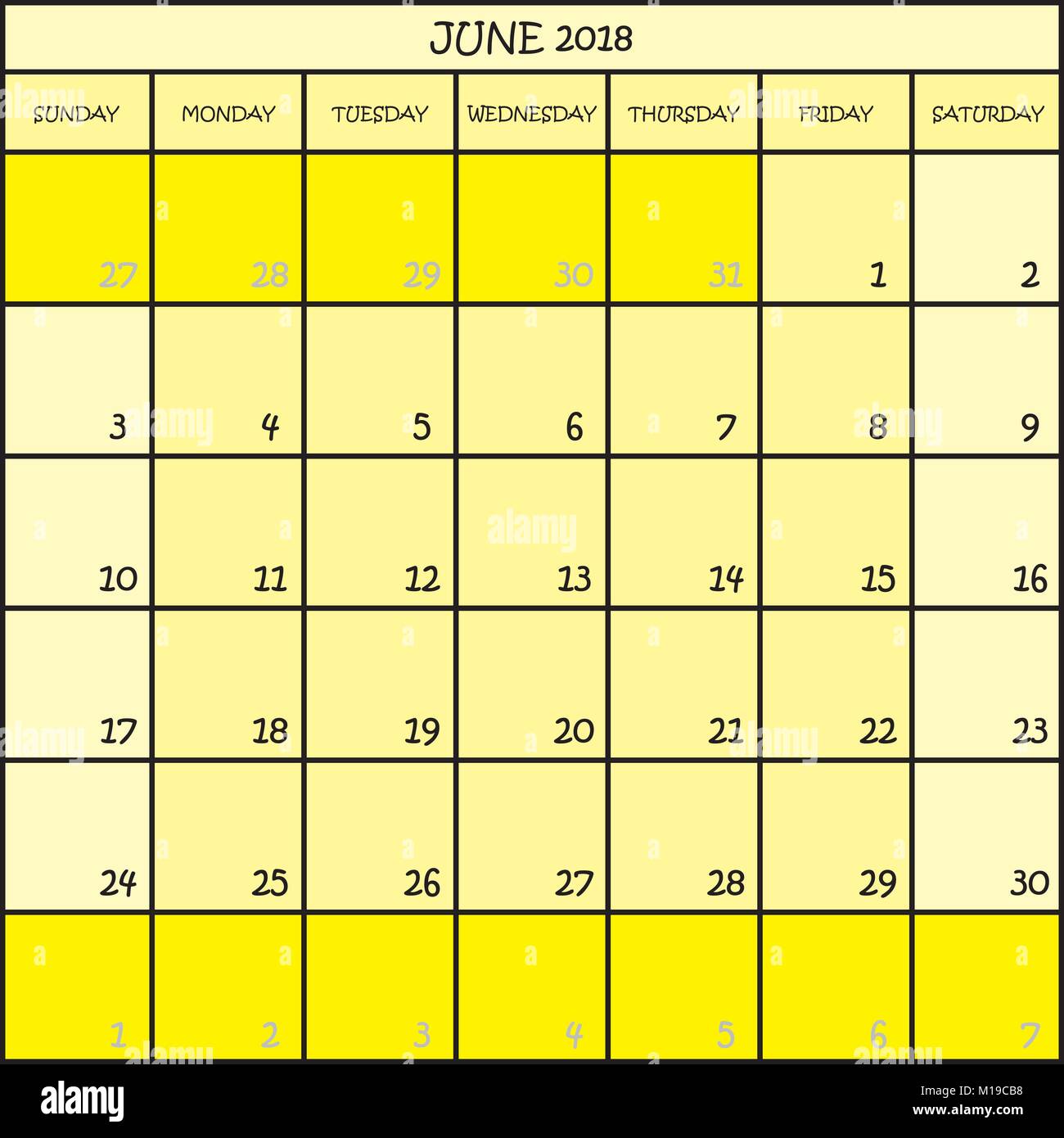 CALENDAR PLANNER MONTH JUNE 2018 ON THREE SHADES OF YELLOW COLOR
