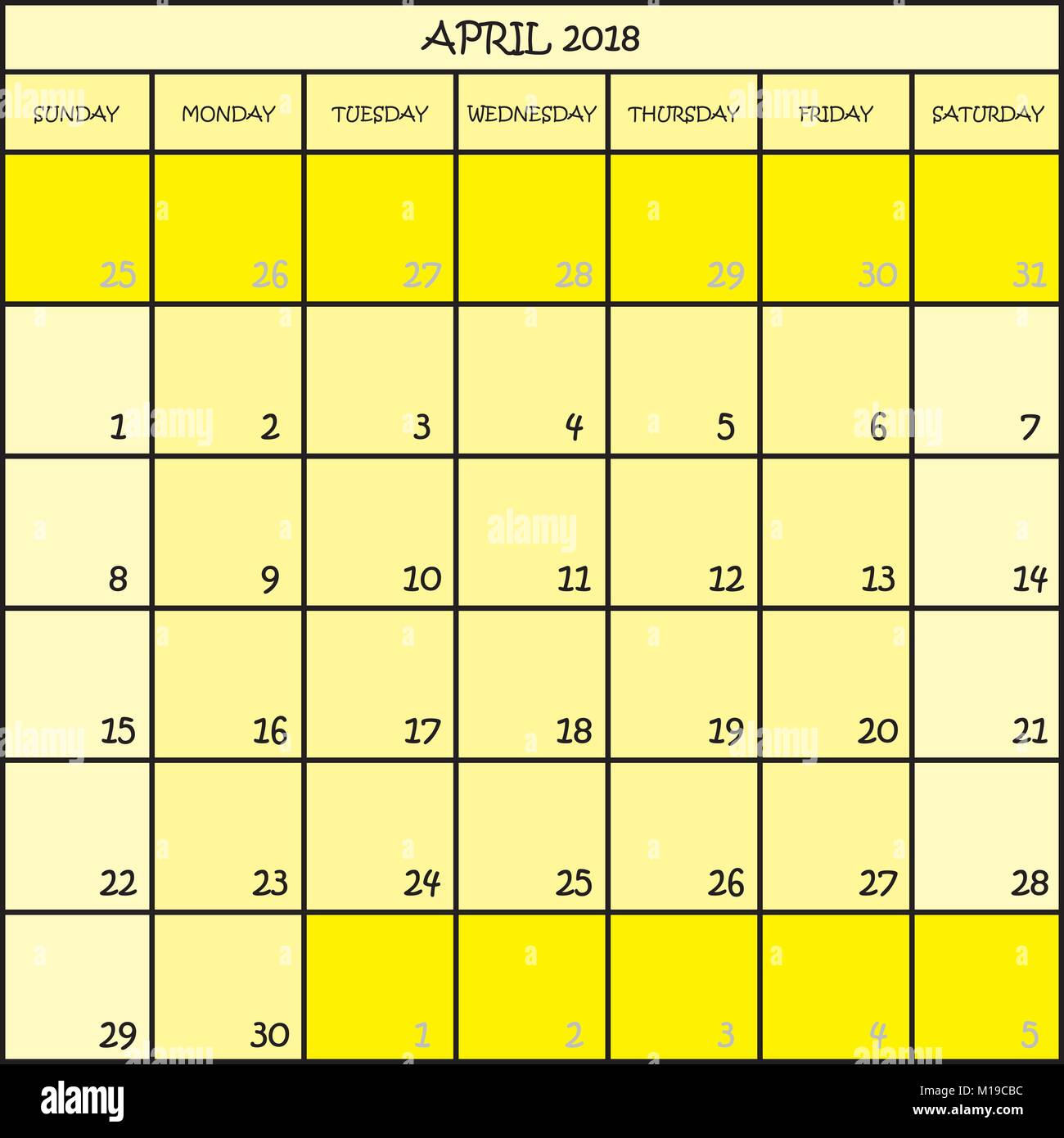 CALENDAR PLANNER MONTH APRIL 2018 ON THREE SHADES OF YELLOW COLOR ...