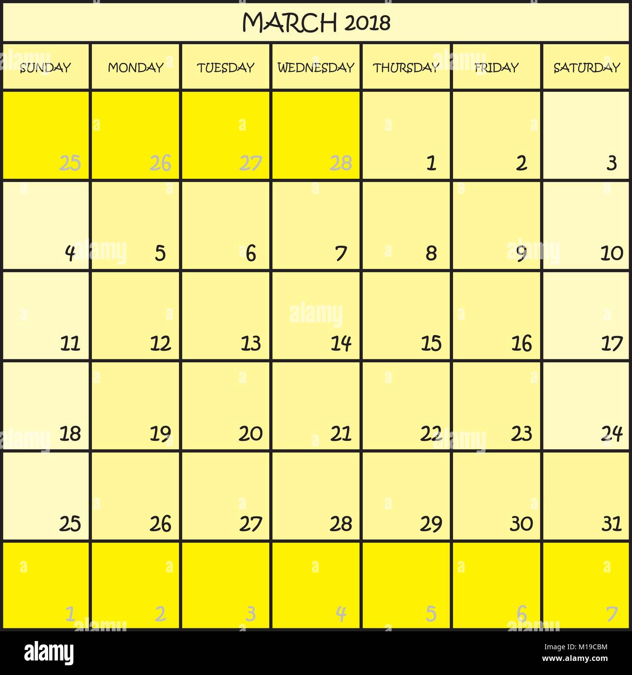 CALENDAR PLANNER MONTH MARCH 2018 ON THREE SHADES OF YELLOW COLOR ...