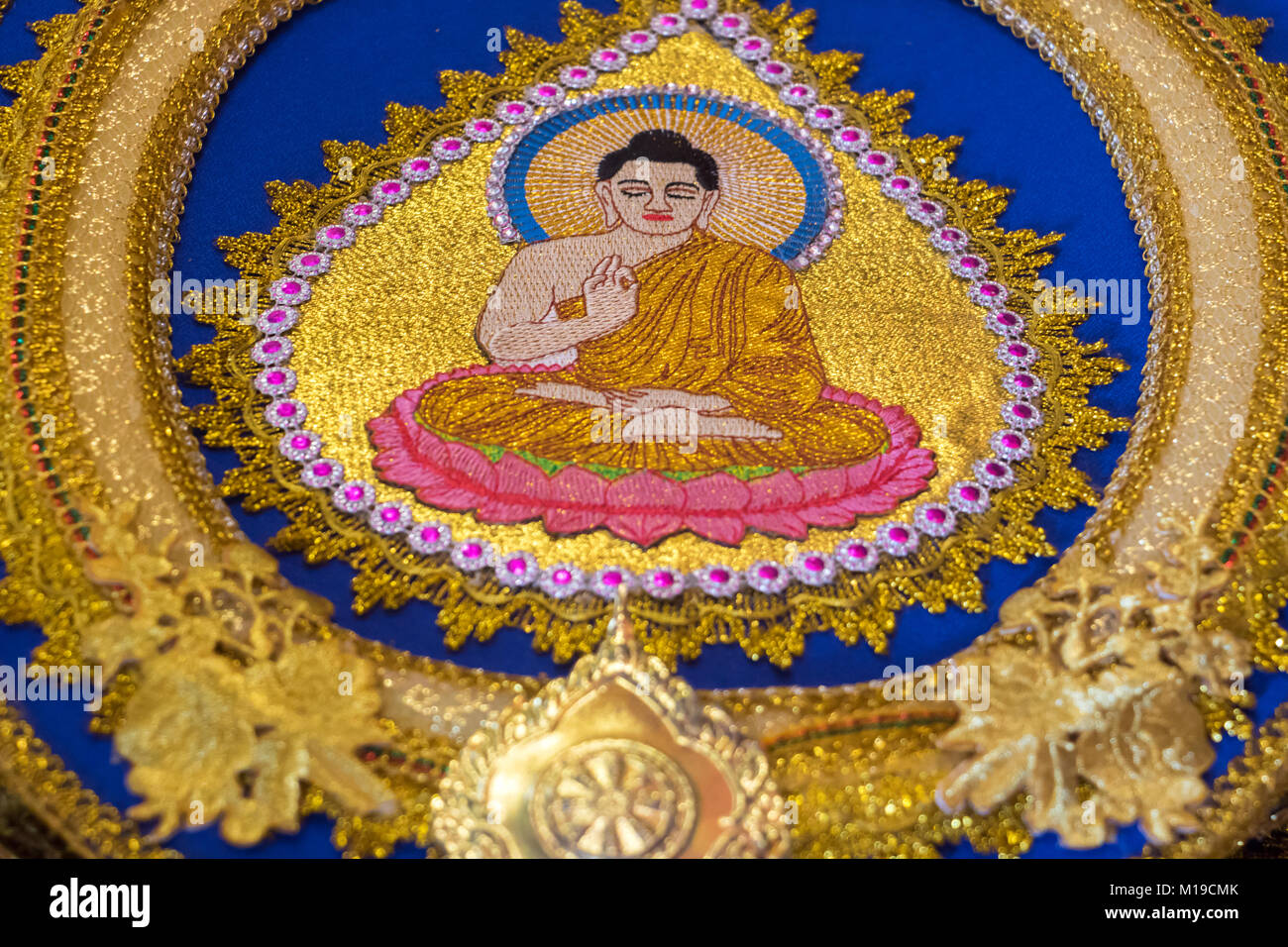 Decoration with sitting Buddha at talipot fan close up Buddhist temple Asokaram, Thailand Stock Photo