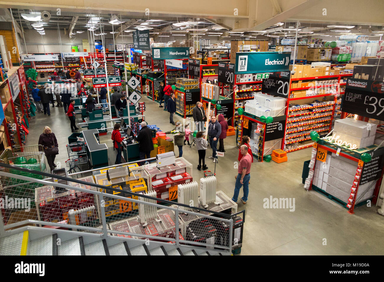 General interior view inside a new UK Bunnings Warehouse DIY super store and trade / domestic home improvement shop / retailer. UK. (94) Stock Photo