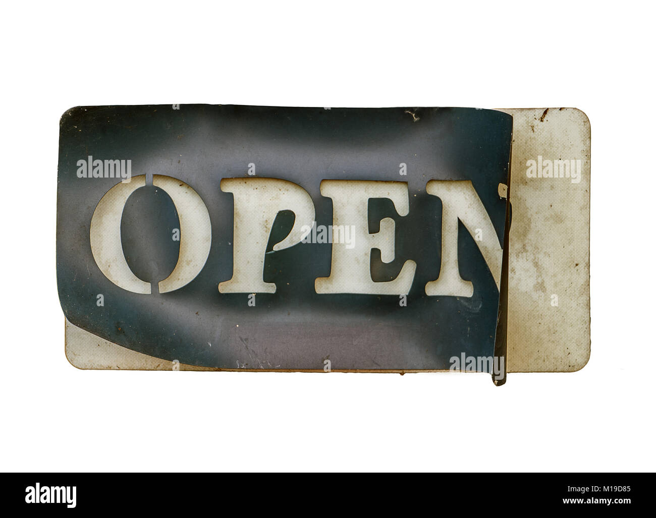 Damaged sign with text Open, isolated on white background. Aged board Open. Stock Photo