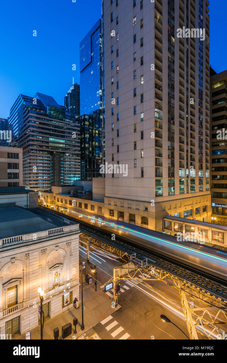 Intersection of State and Deearborn streets in the Chicago Loop. Stock Photo
