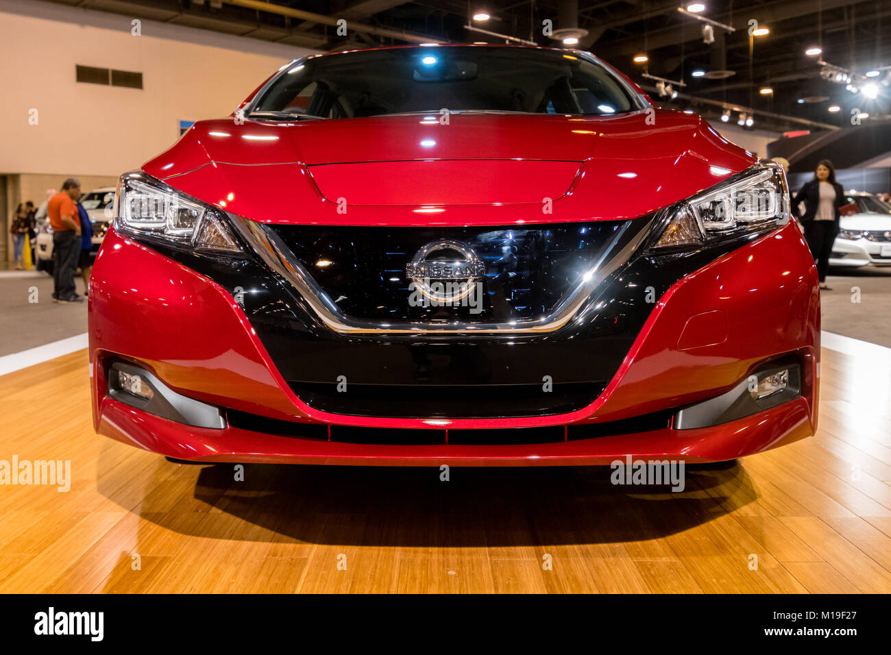 HOUSTON, TX - JANUARY 28, 2018: All New 2018 Nissan LEAF EV electric car shown at Houston Auto Show. Second Generation EV New Styling and Longer Range Stock Photo