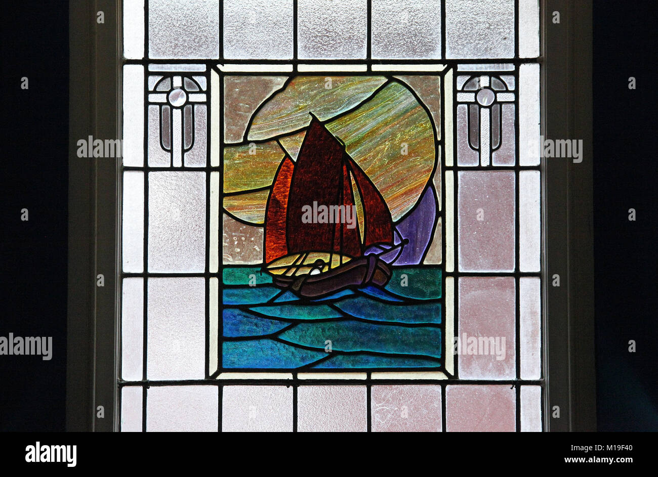 Stained glass window inside the Grand Pacific Hotel at Lorne on the Great Ocean Road in Australia Stock Photo