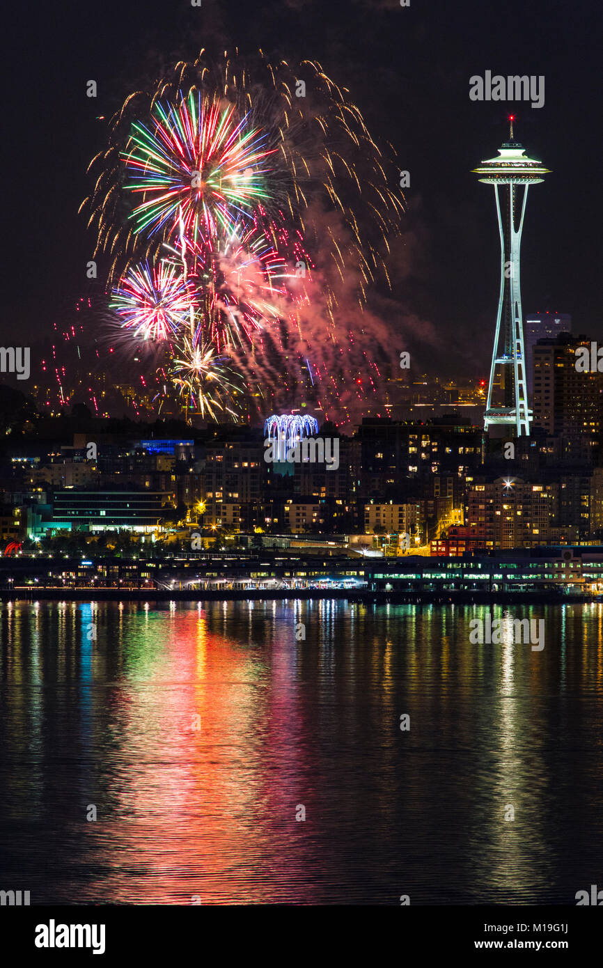Fourth of July fireworks, Space Needle, Seattle, Washington, USA Stock