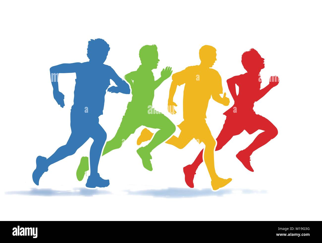 Colorful group of four young men running in the race on the white background. Stock Vector