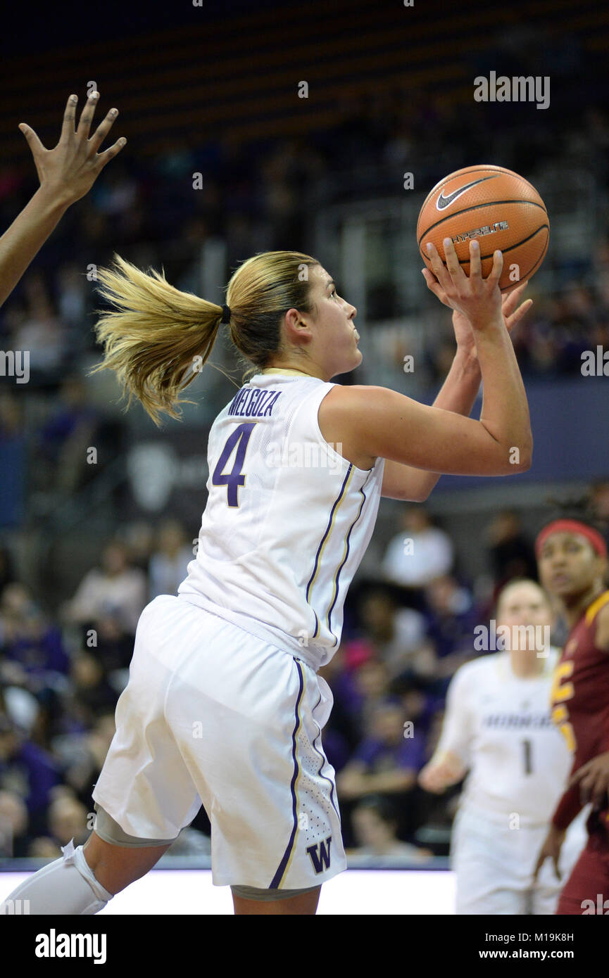 Seattle, WA, USA. 28th Jan, 2018. UW's Amber Melgoza (4) in action during a PAC12 womens basketball game between the Washington Huskies and USC Trojans. The game was played at Hec Ed Pavilion in Seattle, WA. Jeff Halstead/CSM/Alamy Live News Stock Photo