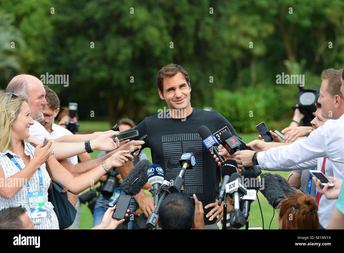 Melbourne, Australia. 29th Jan, 2018. The 2018 Australian Open champion Roger Federer of Switzerland speaks to the media after posing for photographs with his trophy at Government House in Melbourne, Australia. Federer beat Cilic 3 sets to 2. Sydney Low/Cal Sport Media/Alamy Live News Stock Photo