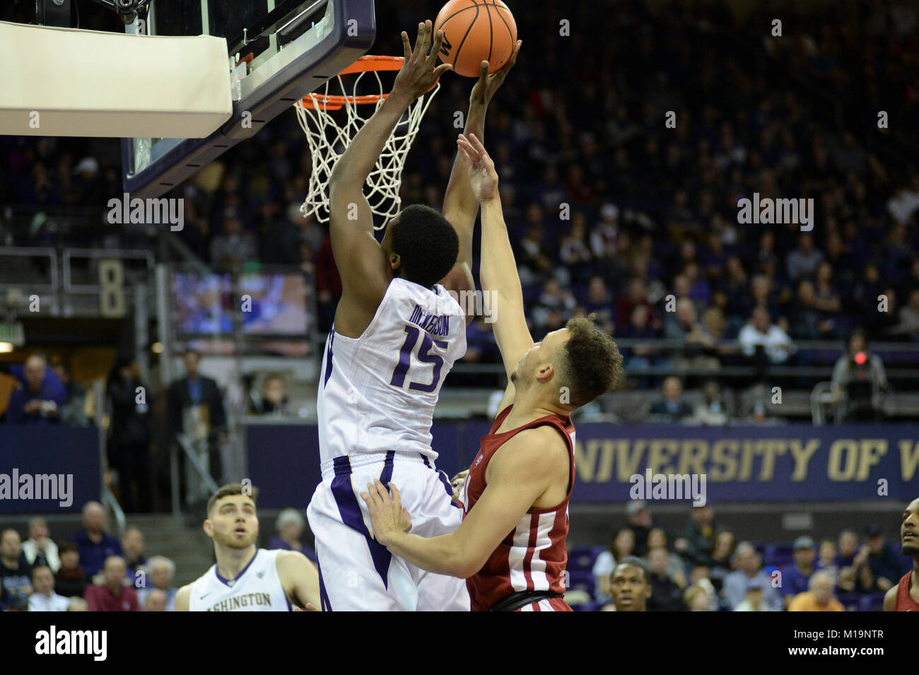 Seattle, WA, USA. 28th Jan, 2018. UW's Noah Dickerson (15) goes up for two point during a PAC12 basketball game between the Washington Huskies and WSU Cougars. The game was played at Hec Ed Pavilion in Seattle, WA. Jeff Halstead/CSM/Alamy Live News Stock Photo