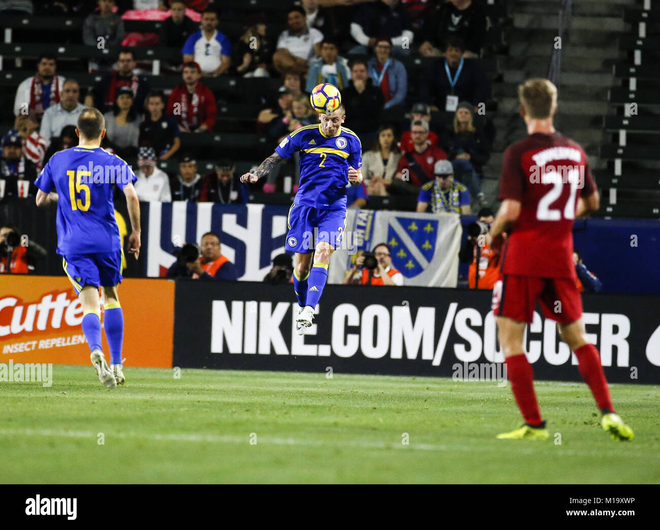 Los Angeles, California, USA. 25th Jan, 2018. Bosnia and Herzegovina's defender Almir Bekic #2 in actions during a men's national soccer team international friendly match between United States and Bosnia and Herzegovina, Jan. 28, 2018, at StubHub Center in Carson, California. The game ended in a 0-0 draw. Credit: Ringo Chiu/ZUMA Wire/Alamy Live News Stock Photo