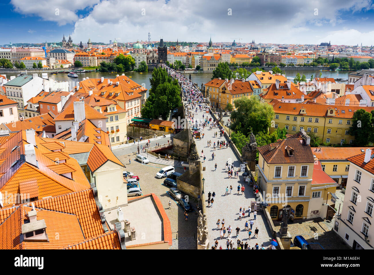 Aerial shot of Charles Bridge (Karluv Most), and the River Vltava, Czech Republic Stock Photo