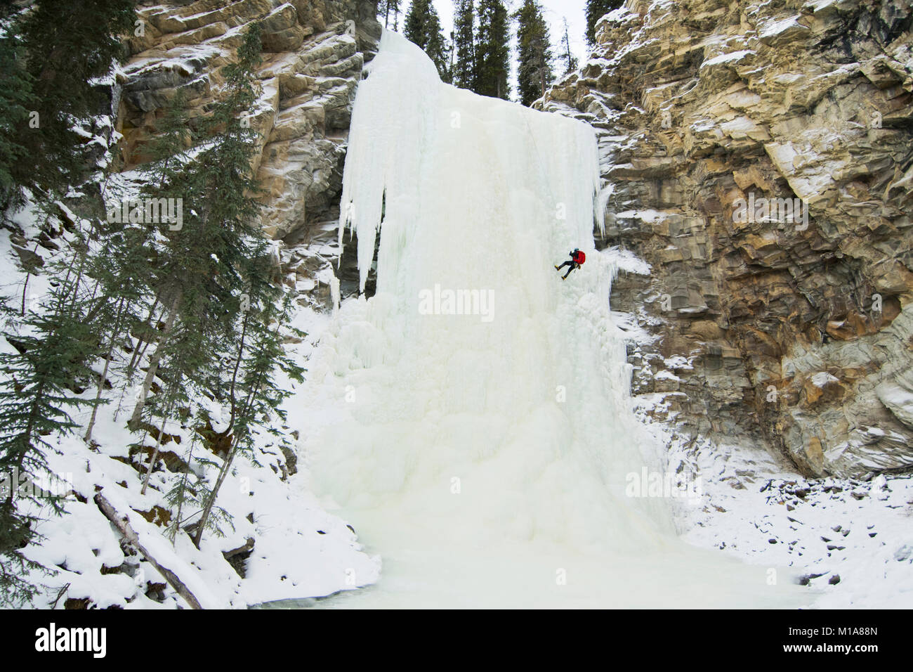 Ice climber descending waterfall, Abraham Lake, Canadian Rockies, Alberta, Canada Stock Photo