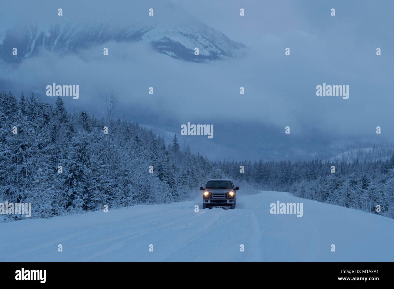 Winter driving at dawn, Highway 11, Saskatchewan Crossing, Canadian Rockies, Alberta, Canada Stock Photo