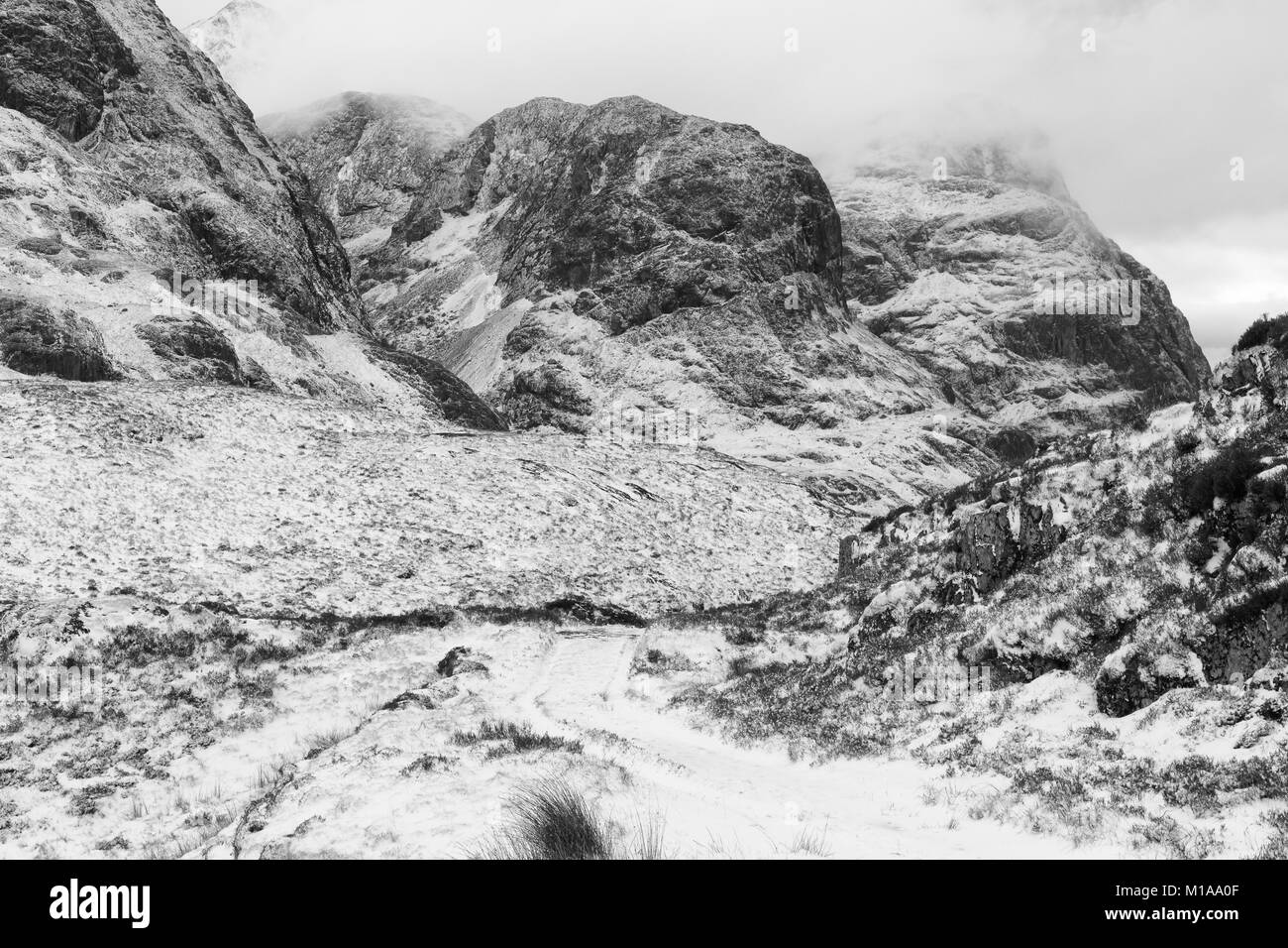 Glencoe mountains in black and white, Highland Scotland Stock Photo