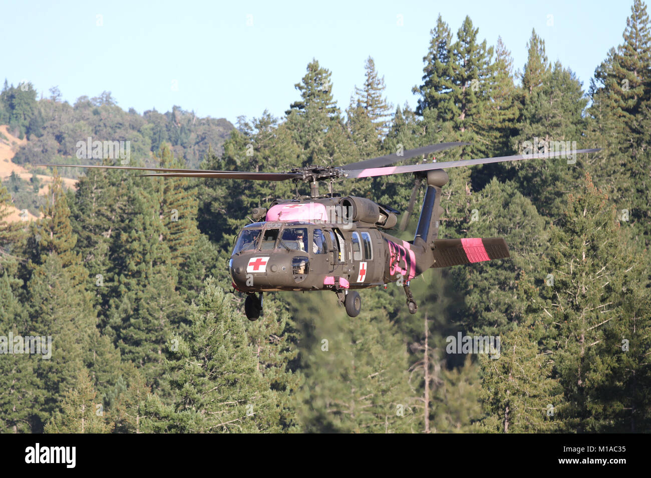 A UH-60 Black Hawk from the California Army National Guard takes off from the Eel River Conservation Camp Helibase Aug. 11 during the Rocky Fire in Northern California. (U.S. Army National Guard photo/Staff Sgt. Eddie Siguenza) Stock Photo