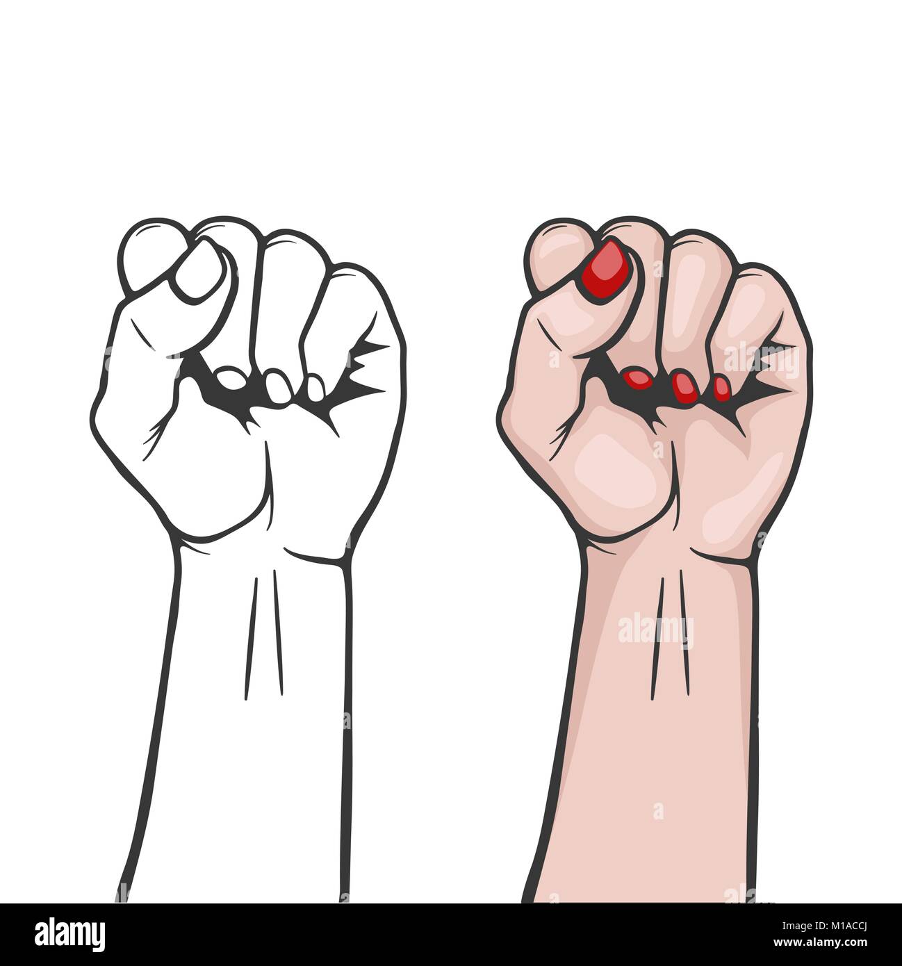 Raised women s fist isolated - symbol unity or solidarity, with oppressed people and women s rights. Feminism, protest, rebel, revolution or strike sign. Template for art posters, backgrounds etc Stock Vector